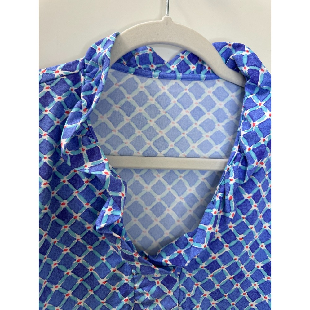 J.McLaughlin Blue Geometric Ruffle Neck 3/4 Sleeve Top No Size Preppy Coastal - Picture 6 of 10